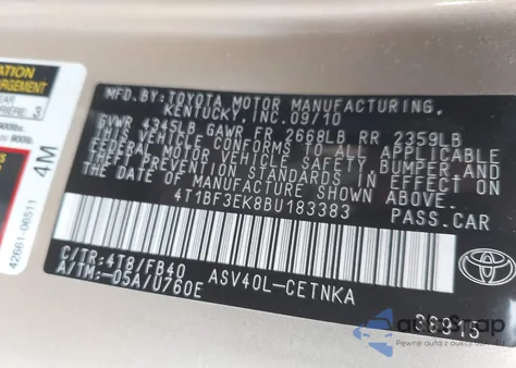 2011 Toyota Camry Le z USA, uszkodzony, nr VIN 4T1BF3EK8BU183383